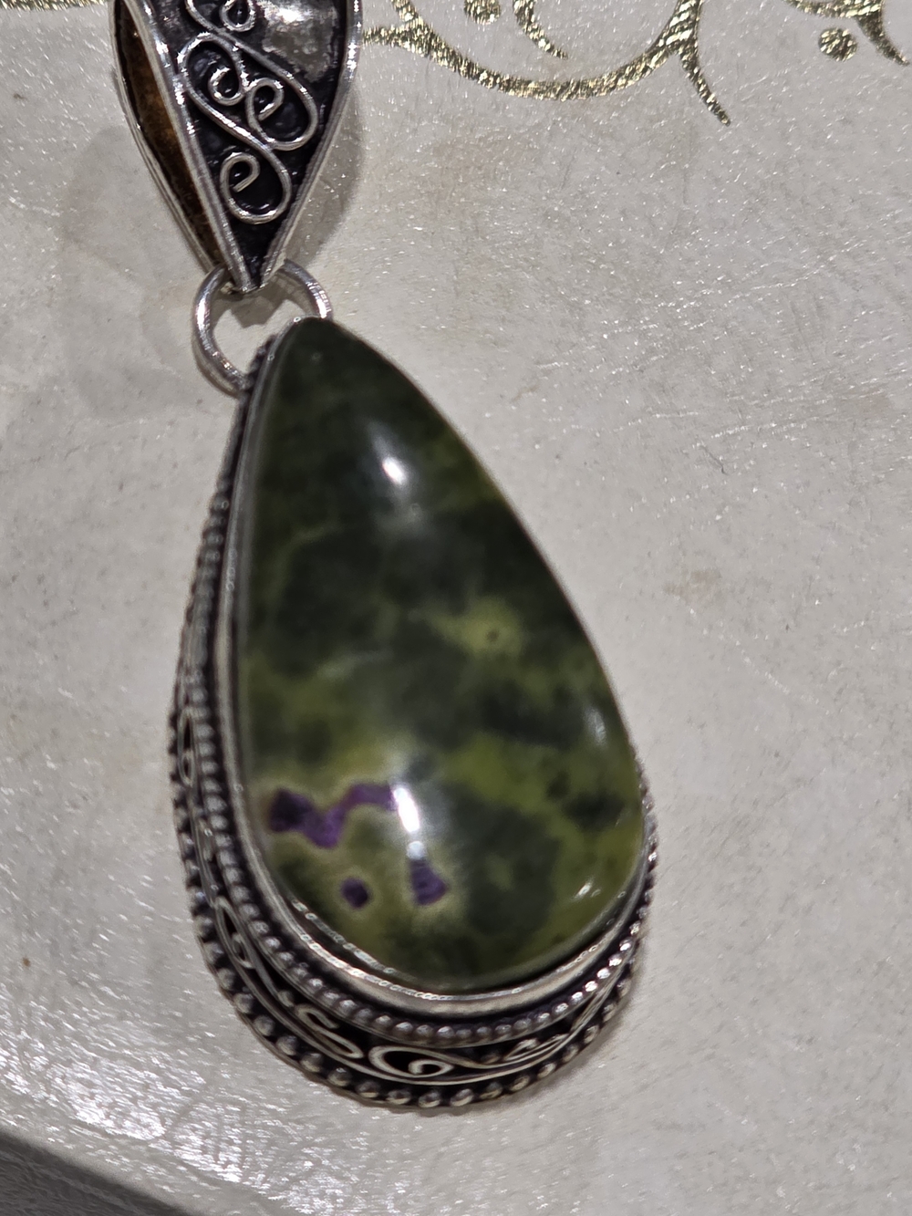 Atlantisite (green serpentine w/ purple stichtite) Sterling Silver Pendant